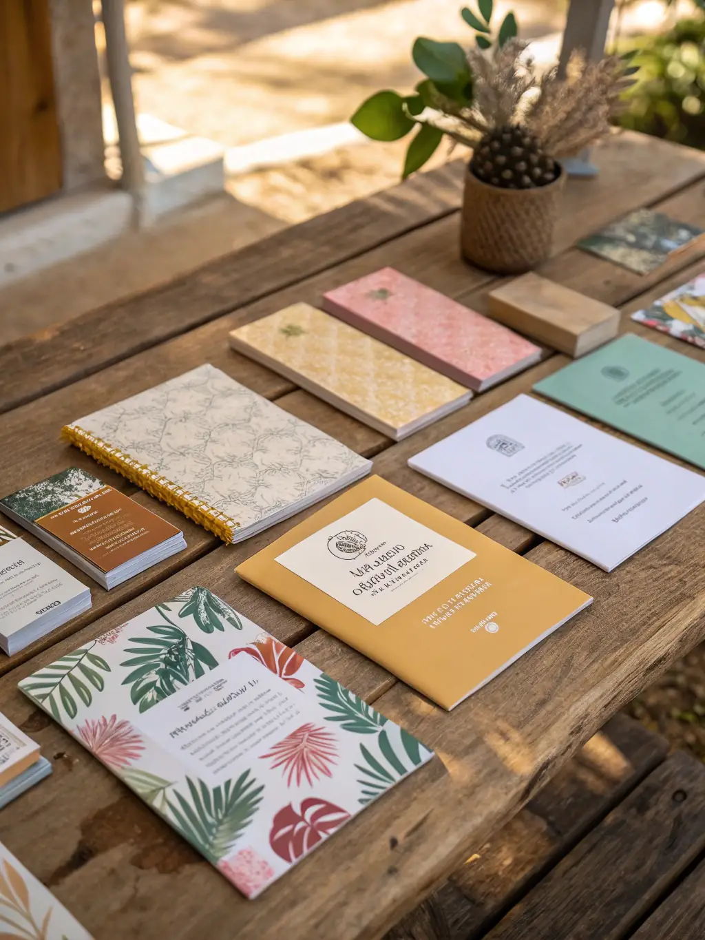 A photograph showcasing a variety of printed materials, including business cards, flyers, and brochures, each displaying different textures and finishes.