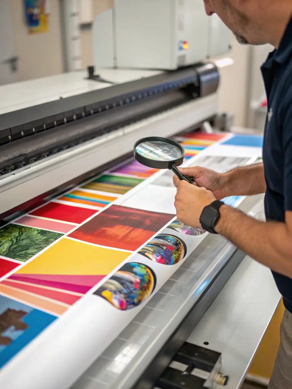 An image of a quality control specialist inspecting a freshly printed sheet under a magnifying glass, ensuring color accuracy and print quality.