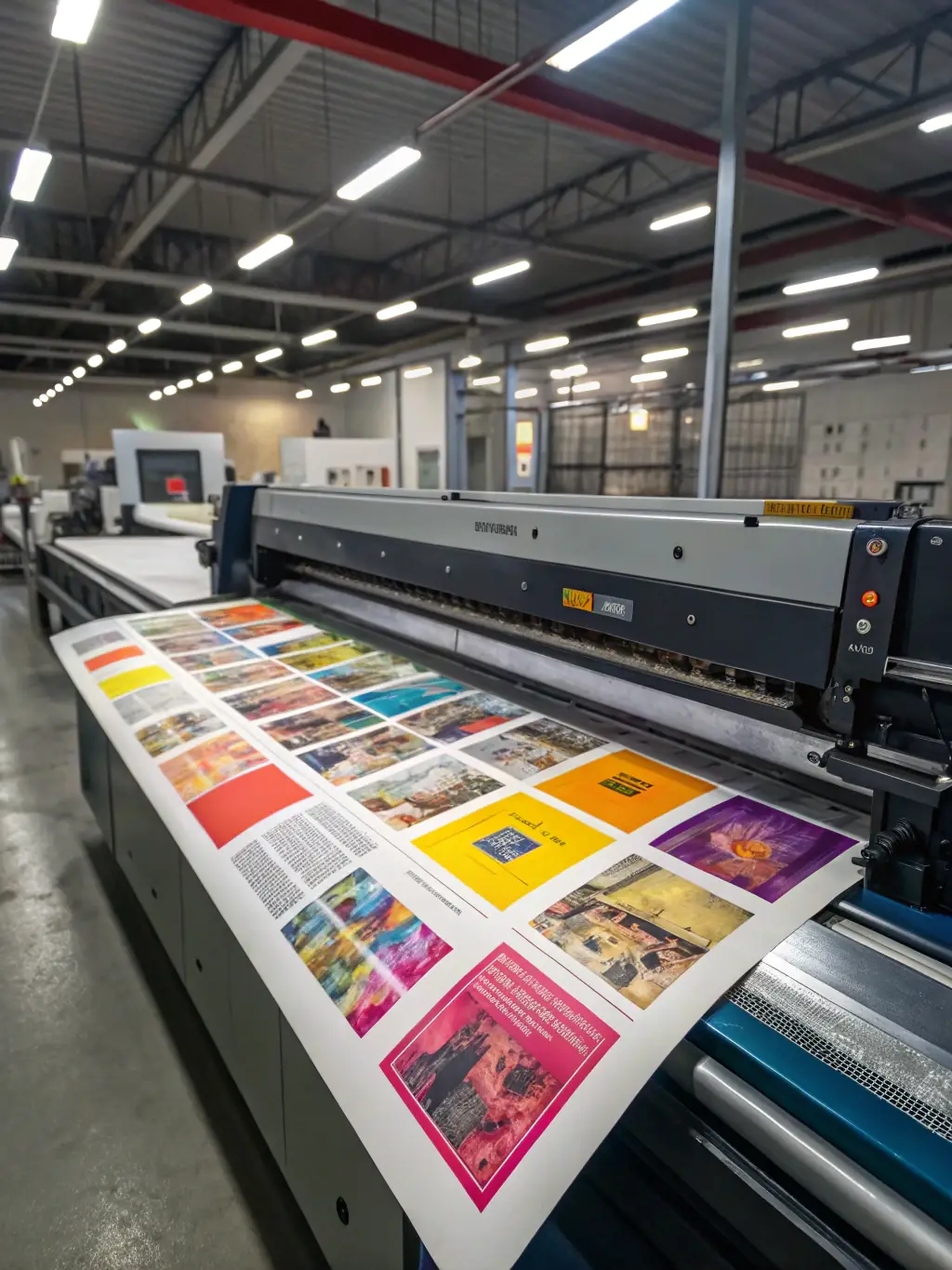A high-resolution image of a digital printing machine producing a colorful brochure, highlighting the speed and versatility of digital printing technology.